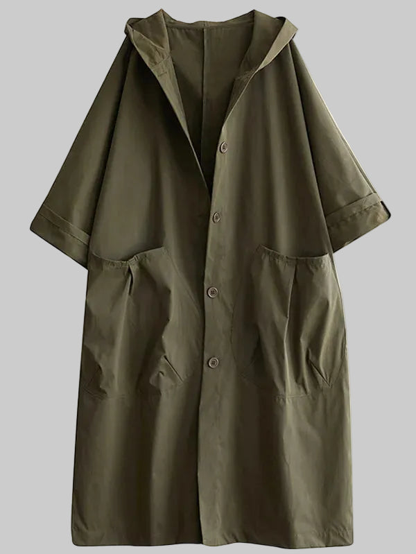 Green hooded coat with button details on a white background