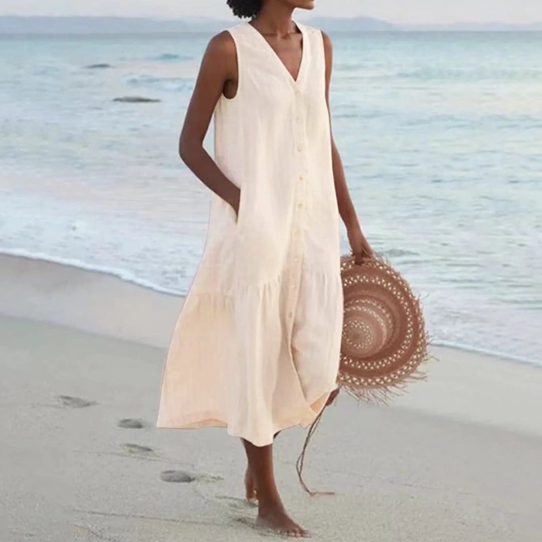 Alora | Women's Summer Breezy V-Neck Dress With Buttons