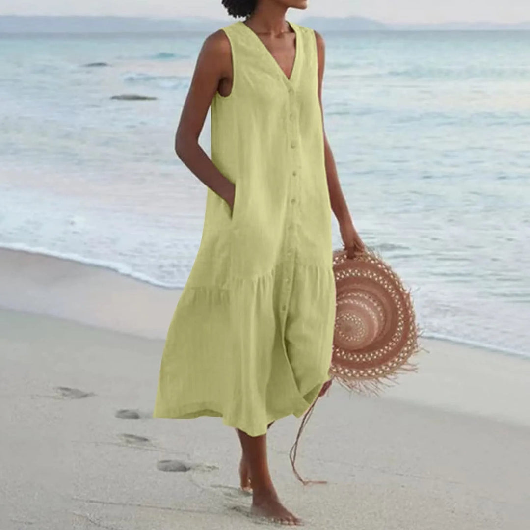 Alora | Women's Summer Breezy V-Neck Dress With Buttons