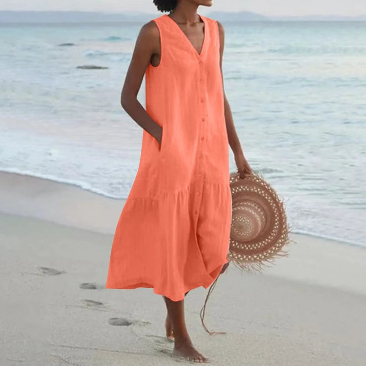 Alora | Women's Summer Breezy V-Neck Dress With Buttons