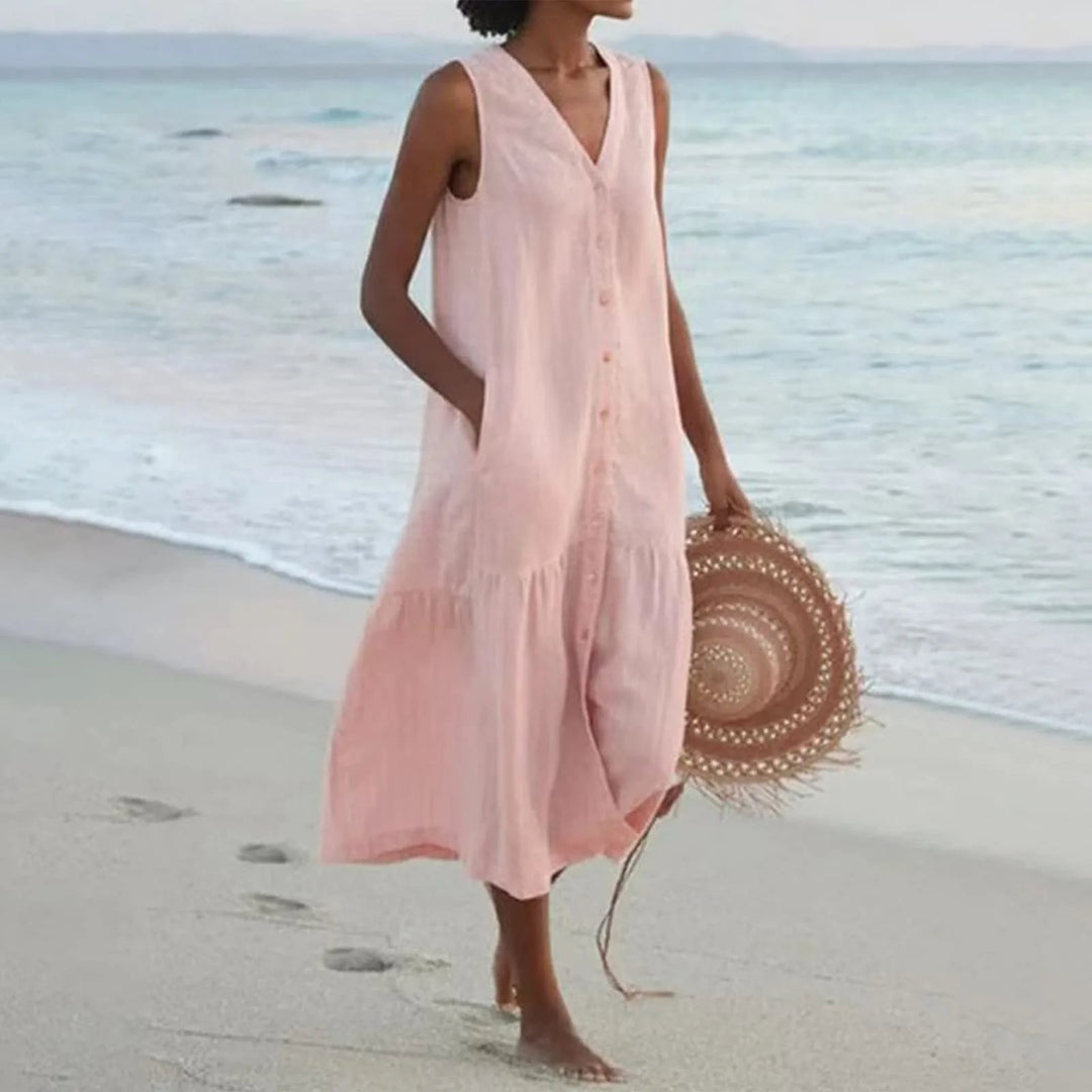 Alora | Women's Summer Breezy V-Neck Dress With Buttons
