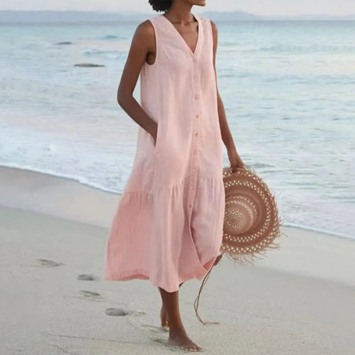 Alora | Women's Summer Breezy V-Neck Dress With Buttons