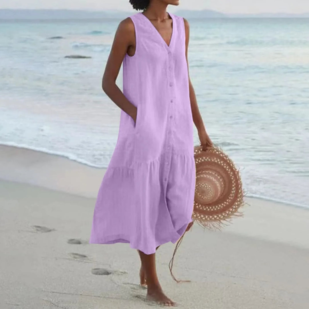 Alora | Women's Summer Breezy V-Neck Dress With Buttons