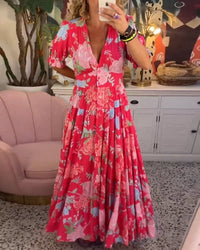Bria | Women's Floral V-neck Maxi Dress With Short Sleeves