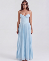 Amabel | Women's Elegant Baby Blue Pleated Maxi Dress