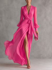 Astrid | Women's Chiffon V-Neck Tie Waist Maxi Dress