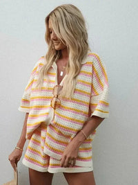 Rania | Women's Contrast Stripe Knit Cardigan & Shorts Set