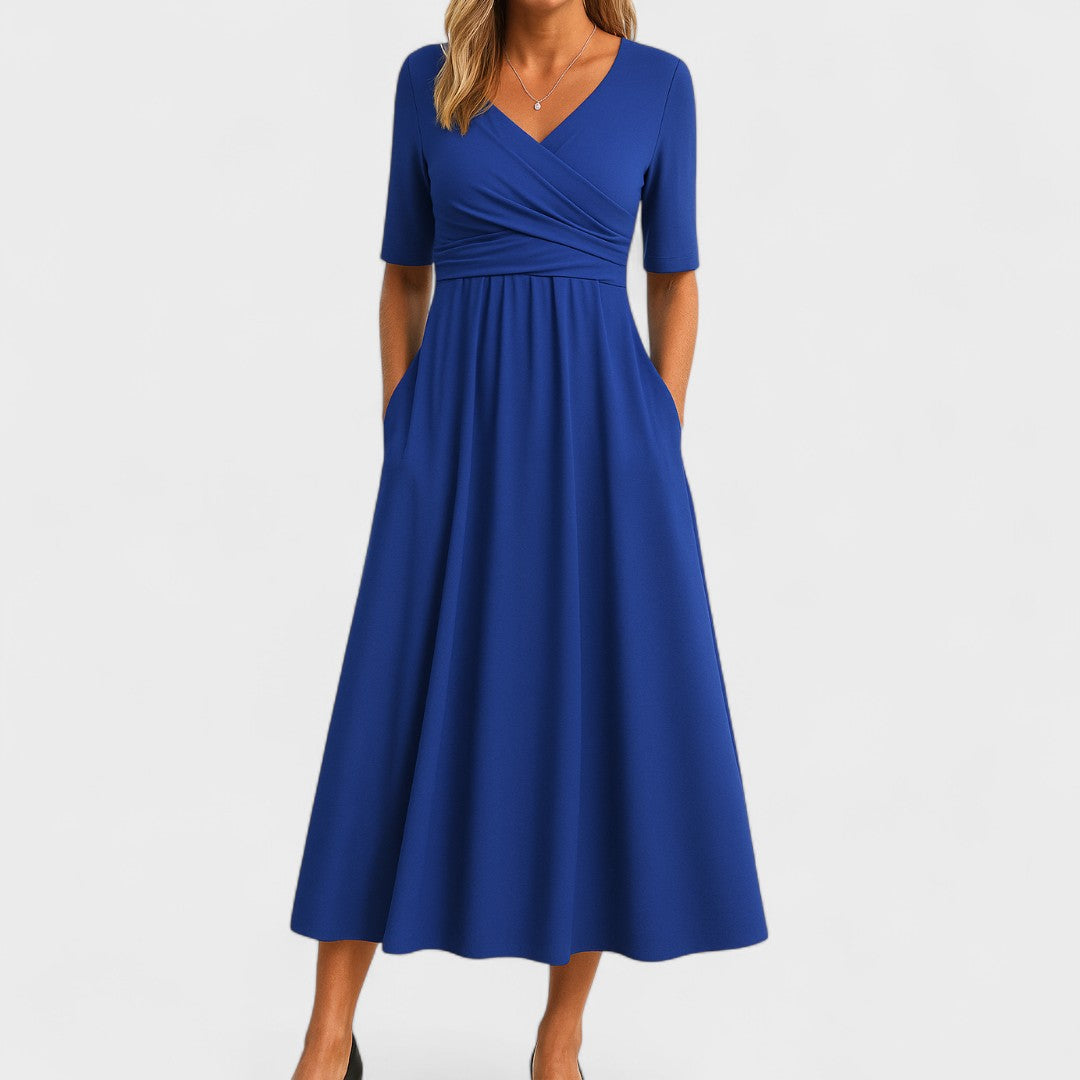 Sophia | Women's Casual V-Neck Midi Dress with Short Sleeves