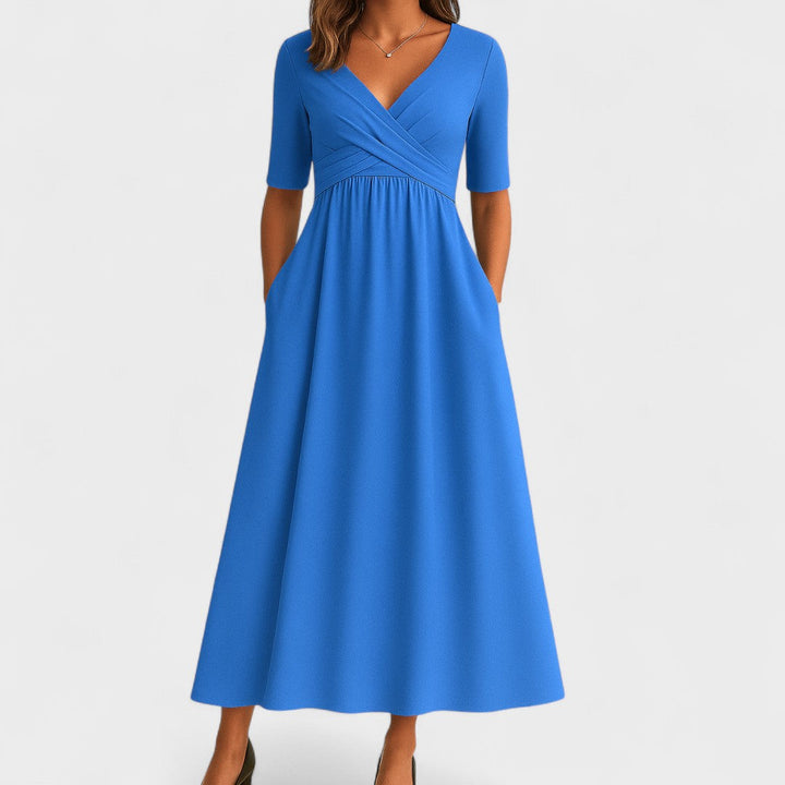 Sophia | Women's Casual V-Neck Midi Dress with Short Sleeves