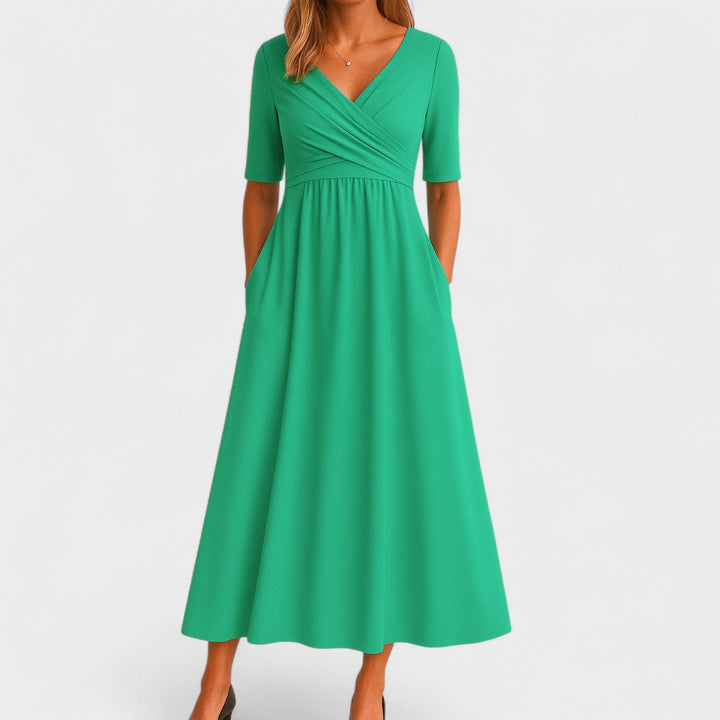 Sophia | Women's Casual V-Neck Midi Dress with Short Sleeves