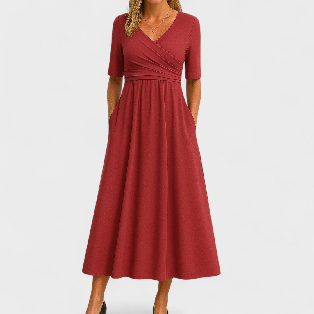 Sophia | Women's Casual V-Neck Midi Dress with Short Sleeves