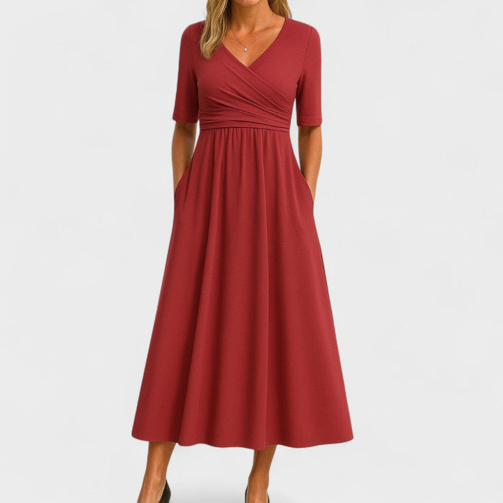 Sophia | Women's Casual V-Neck Midi Dress with Short Sleeves