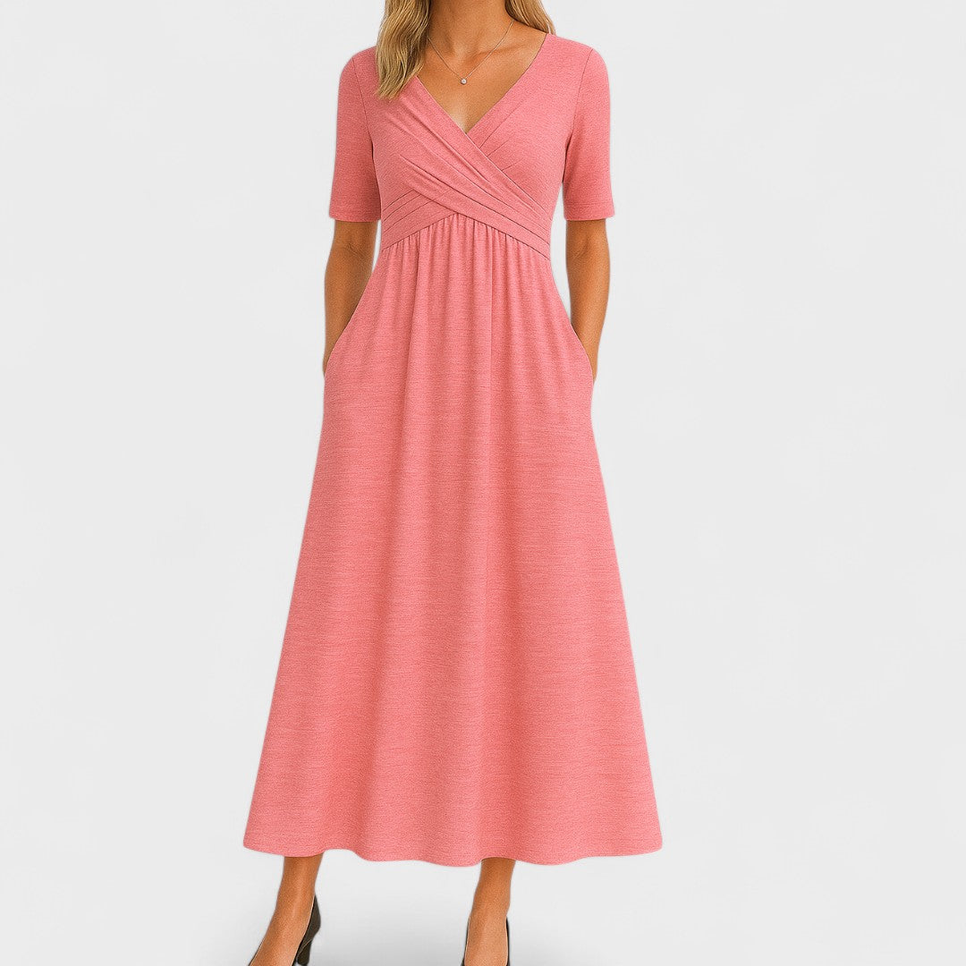 Sophia | Women's Casual V-Neck Midi Dress with Short Sleeves