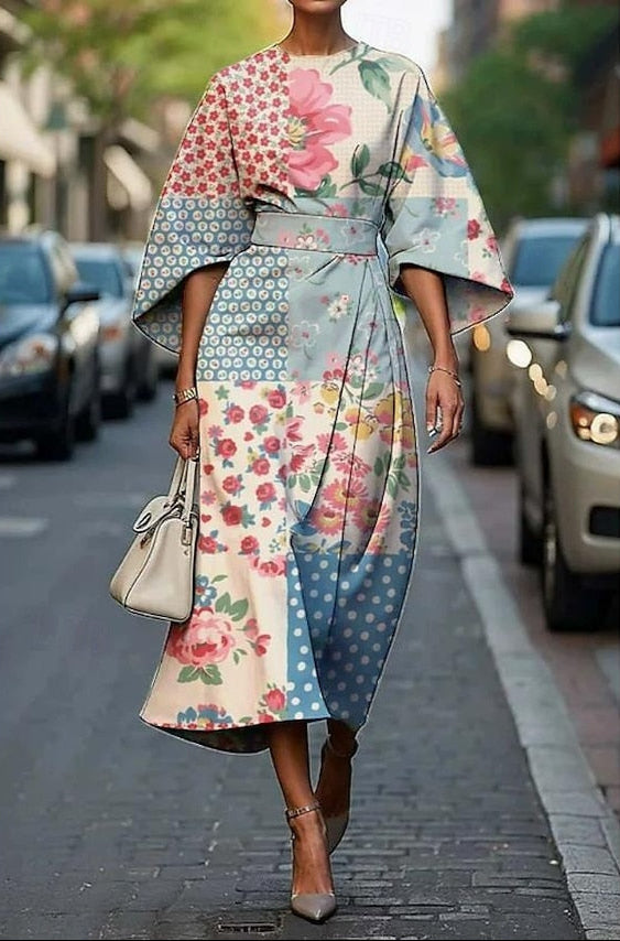 Bailey | Women's Elegant Printed Midi Dress With Kimono Sleeves