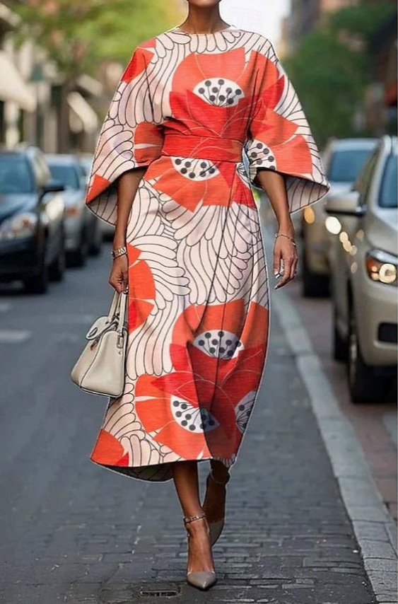 Bailey | Women's Elegant Printed Midi Dress With Kimono Sleeves