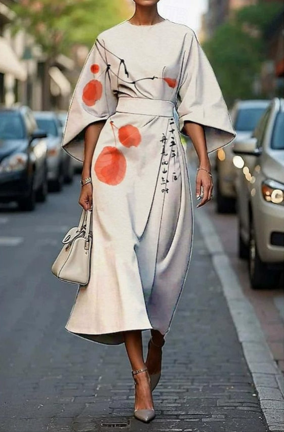 Bailey | Women's Elegant Printed Midi Dress With Kimono Sleeves