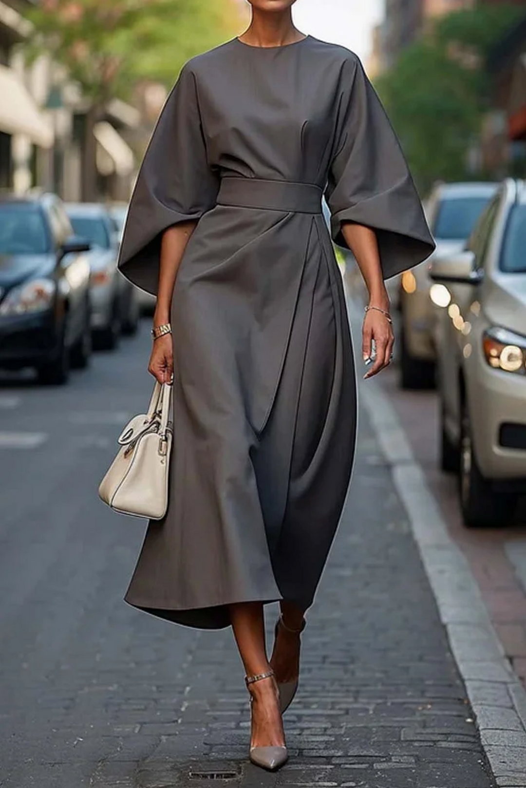 Faye | Women's Elegant Wide Sleeve Belted Midi Dress