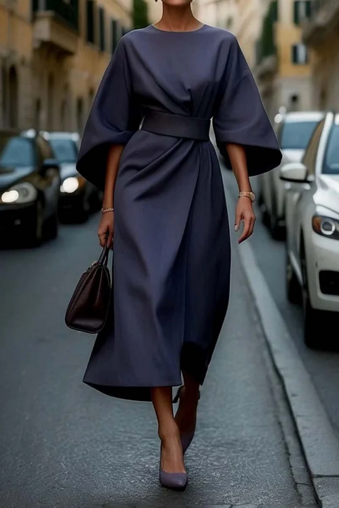 Faye | Women's Elegant Wide Sleeve Belted Midi Dress