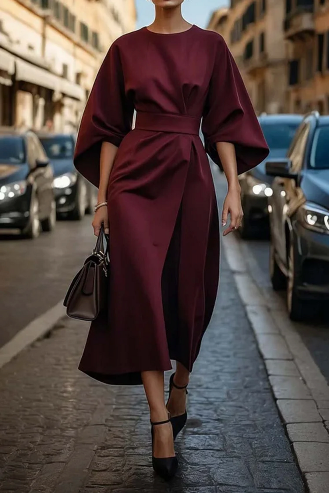Faye | Women's Elegant Wide Sleeve Belted Midi Dress