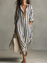 Dani | Women's Linen Striped Summer Maxi Shirt Dress
