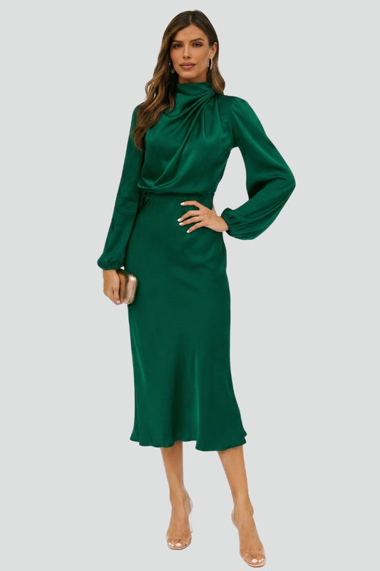 Charlotte | Women's Mock Neck Satin Midi Dress
