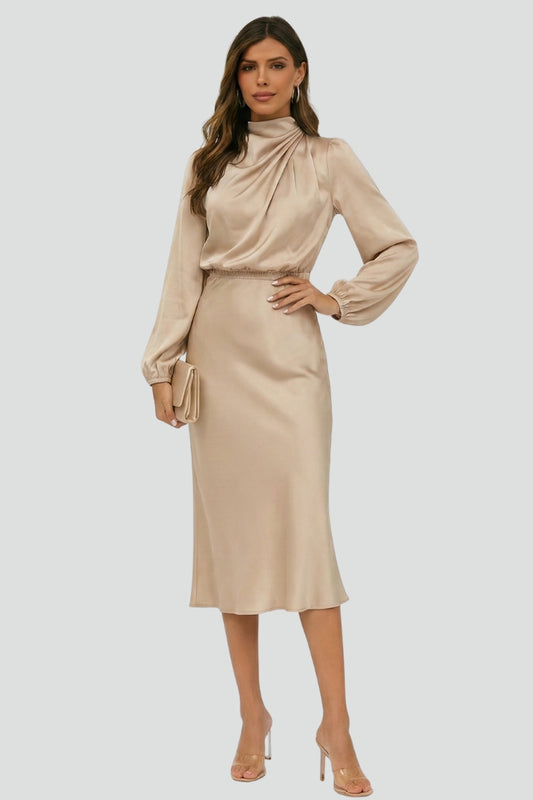 Charlotte | Women's Mock Neck Satin Midi Dress