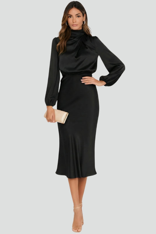 Charlotte | Women's Mock Neck Satin Midi Dress