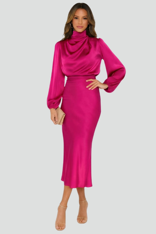 Charlotte | Women's Mock Neck Satin Midi Dress