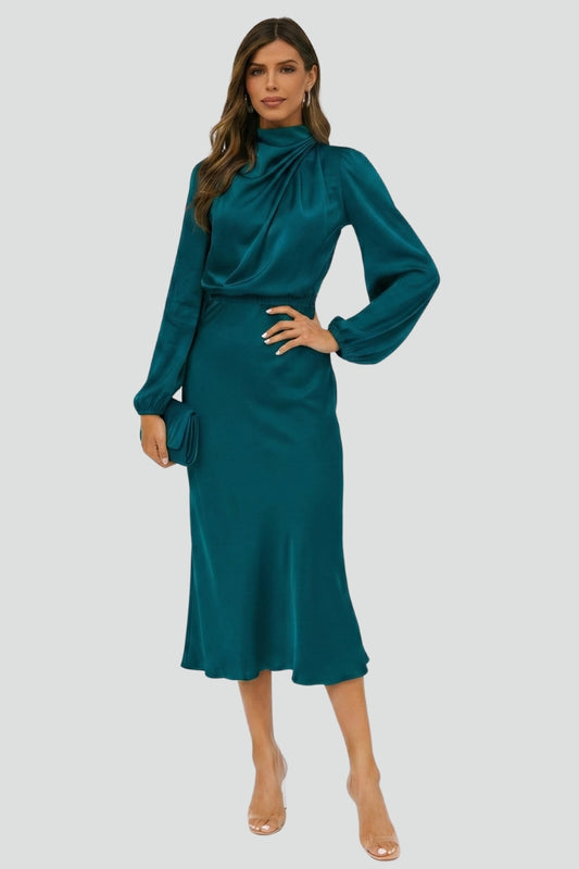 Charlotte | Women's Mock Neck Satin Midi Dress