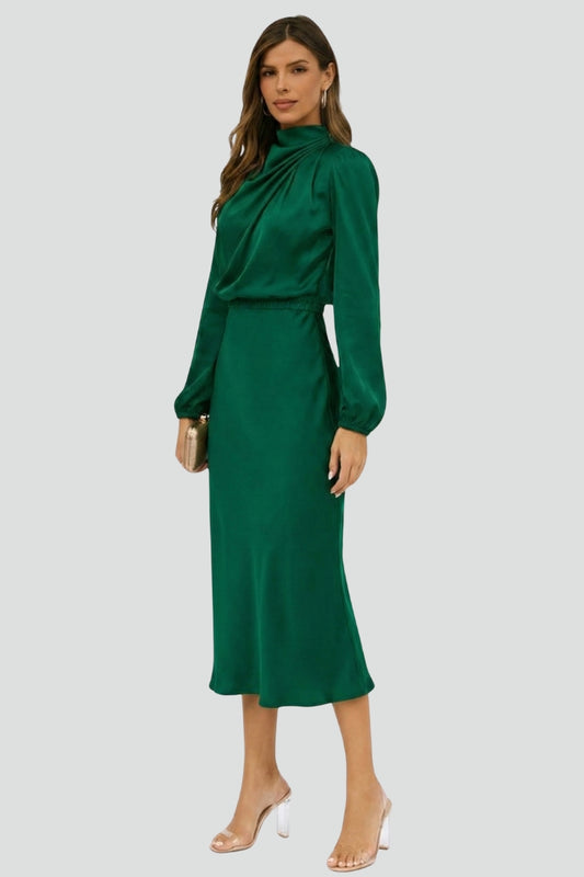 Charlotte | Women's Mock Neck Satin Midi Dress