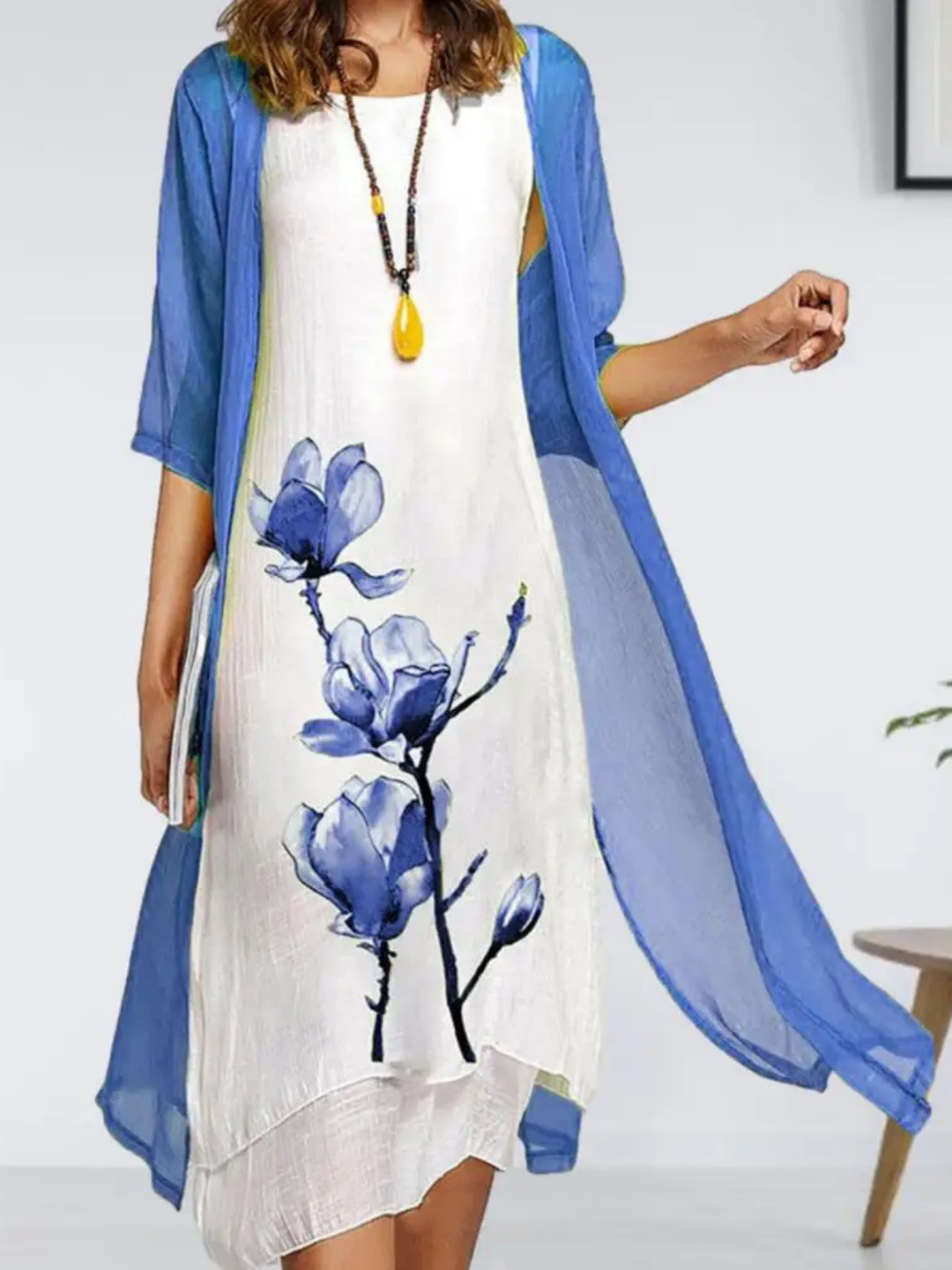 Ayla | Women's Layered Sleeveless Midi Dress With Chiffon Cardigan Set