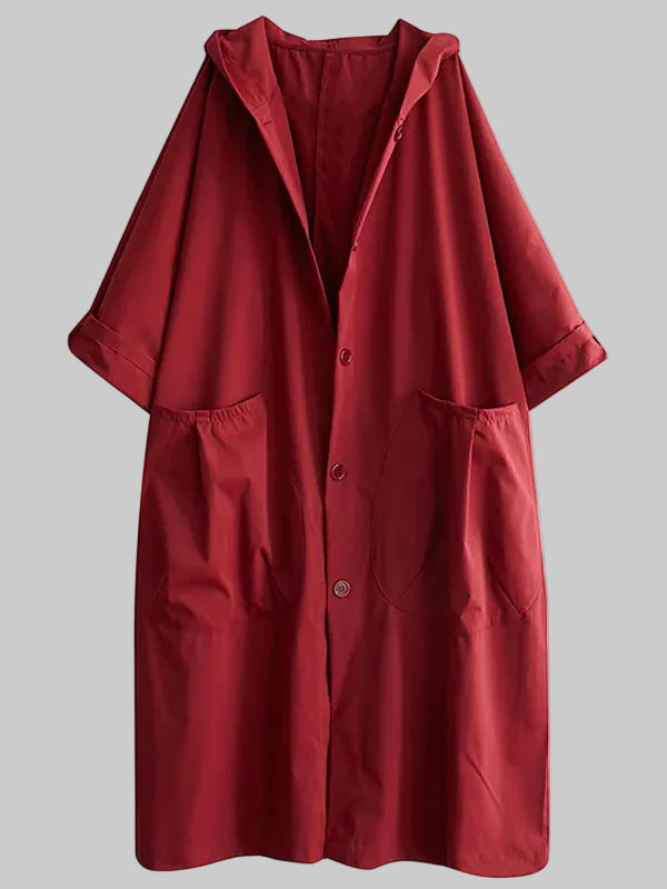Red hooded coat with button details