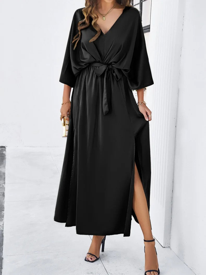 Mania | Women's Elegant Satin Wrap Dress With Side Slit