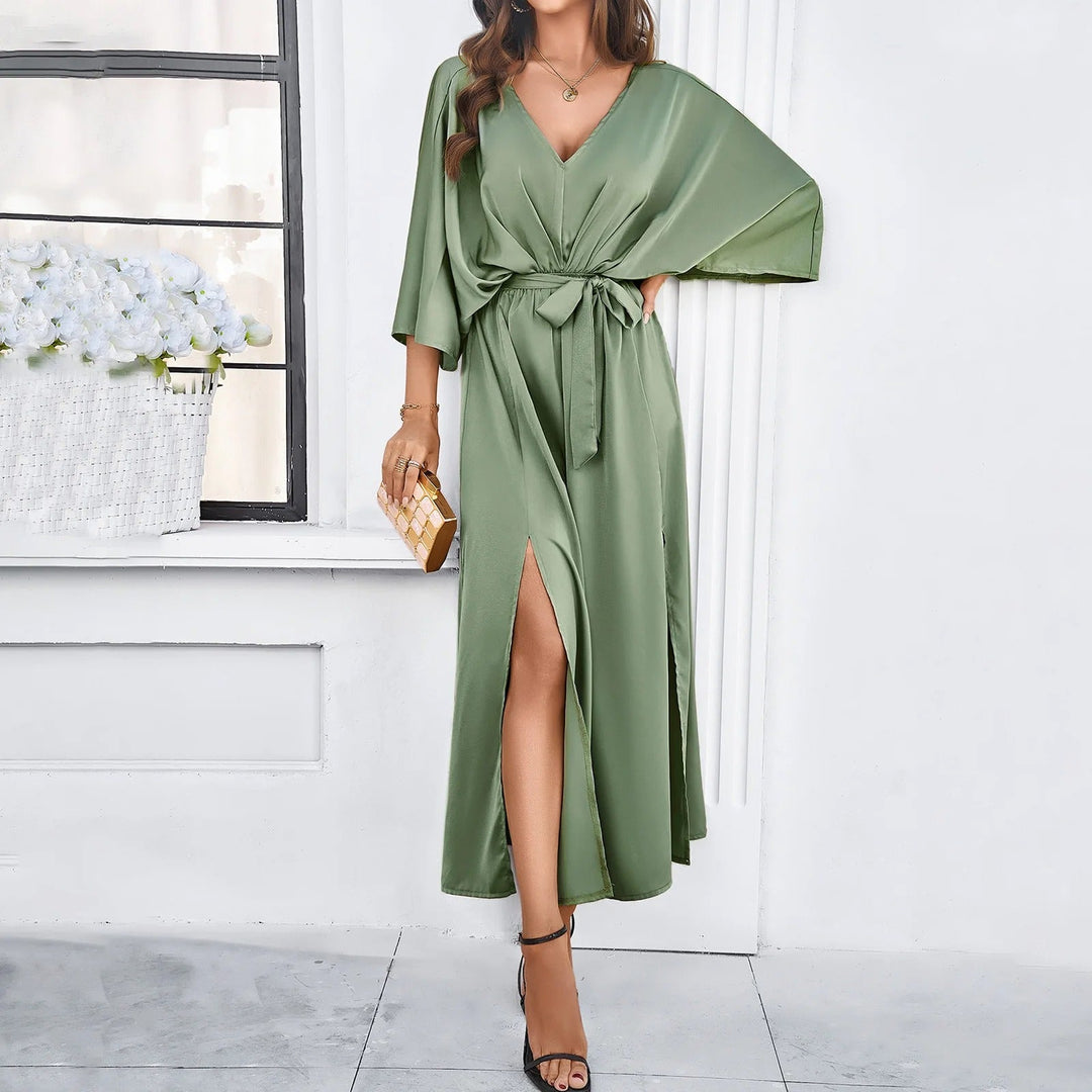 Mania | Women's Elegant Satin Wrap Dress With Side Slit